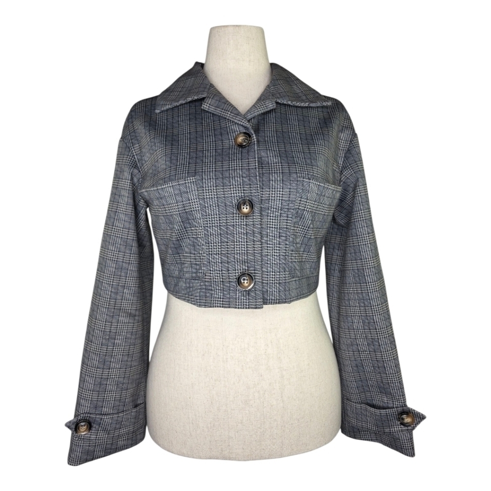 Farrow M Cropped Plaid Button Front Jacket Glen Check Boxy Stretch Blazer - Picture 2 of 10